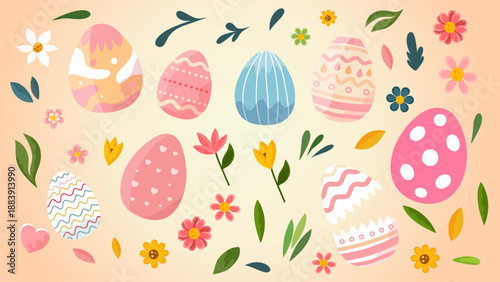 beautiful easter seamless pattern with various decorated eggs and spring blooming flowers