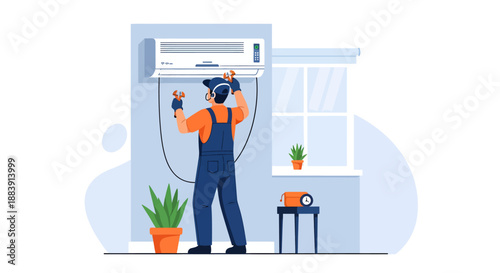 Technician installing air conditioning unit in a modern room with a plant and window nearby