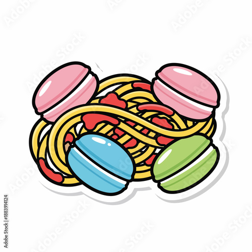 A cartoon illustration of spaghetti and macarons