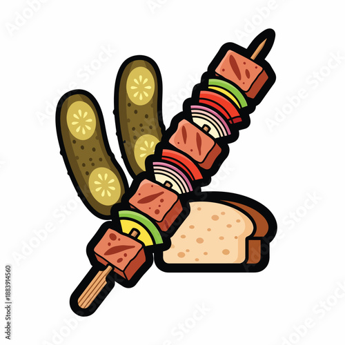 A colorful illustration of a kebab with vegetables and pickles