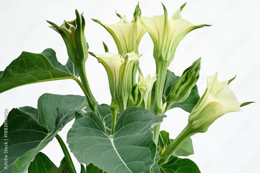 Obraz premium Cluster of datura plants with vibrant green leaves and flowering buds, showcasing their unique shapes and textures in a natural setting