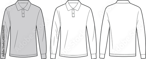 Long sleeve polo shirt flat sketch with collar and button placket, front and back view, apparel fashion design template for clothing collection, cad drawing flat vector illustration