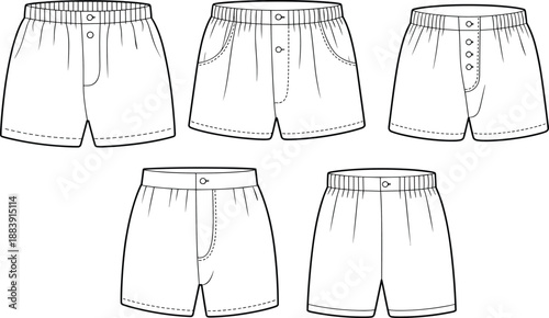 Men boxer shorts flat sketch, underwear CAD drawing, elastic waistband front view design, vector fashion illustration, clothing pattern technical template