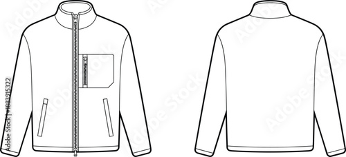 Men full zip jacket front and back flat sketch with stand collar, pocket design, casual outerwear fashion technical drawing, detailed clothing template, cad drawing flat vector illustration