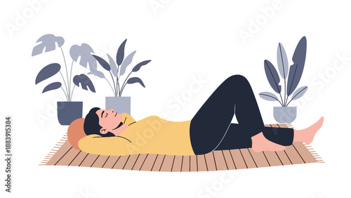 Person Resting Comfortably on a Mat with Plants