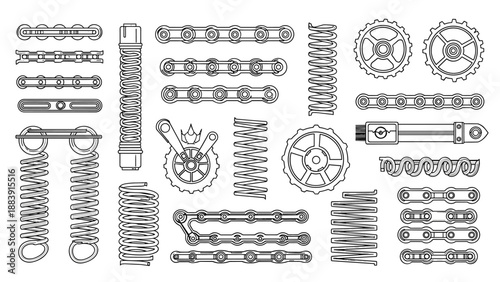Collection of mechanical components including chains, springs, gears, and a shock absorber shown in black and white technical outline style.