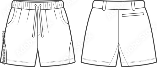 Men’s casual shorts front and back technical flat sketch, fashion CAD drawing, vector illustration for apparel design, clothing template, garment outline