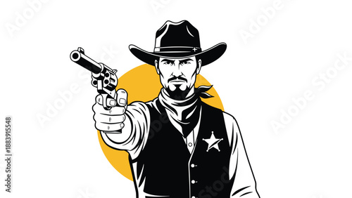 Western cowboy character wearing a hat and vest aiming a revolver handgun directly at the viewer with a yellow circle background element.