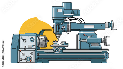 Heavy duty industrial metal lathe machine tool used for precision machining and manufacturing shown in a detailed flat illustration style.
