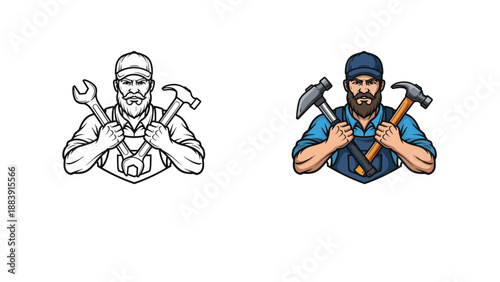 Professional handyman character holding a wrench and hammer shown in both black and white line art and full color versions.