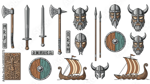 Extensive collection of viking warrior equipment featuring swords, axes, shields, longships, helmets, and ancient runic symbols for design.