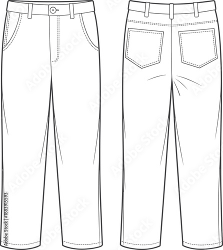 Men’s classic pants technical flat sketch front and back view, vector CAD drawing, fashion clothing design, apparel template illustration