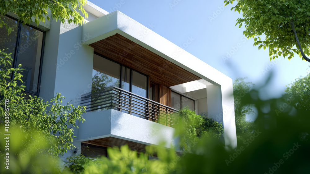 Fototapeta premium Modern balcony contemporary architecture minimalist house green foliage sunlight exterior wall glass window metal railing wood ceiling residential