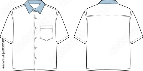 Men’s short sleeve shirt flat sketch with contrast collar, button-down front and back view technical fashion design template for apparel industry cad drawing flat vector illustration