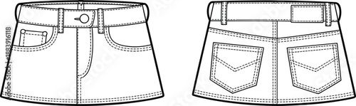 Mini denim skirt CAD flat with belt loops, coin pocket, back V-stitch patch pockets, technical garment sewing pattern fashion vector template illustration