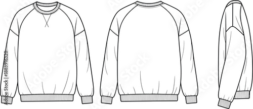 Minimalist CAD sweatshirt flat sketch, streetwear fashion vector illustration showing front, back and side views, unisex apparel design technical drawing template
