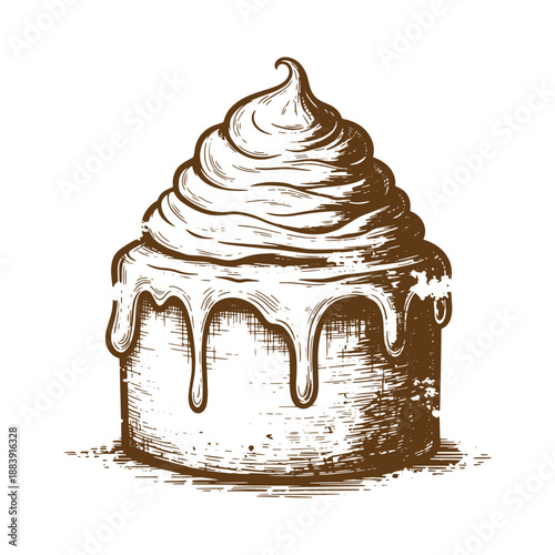 Drawing Vintage grunge  texture Brown cupcake with white frosting and glaze dripping down the sides isolated on white background