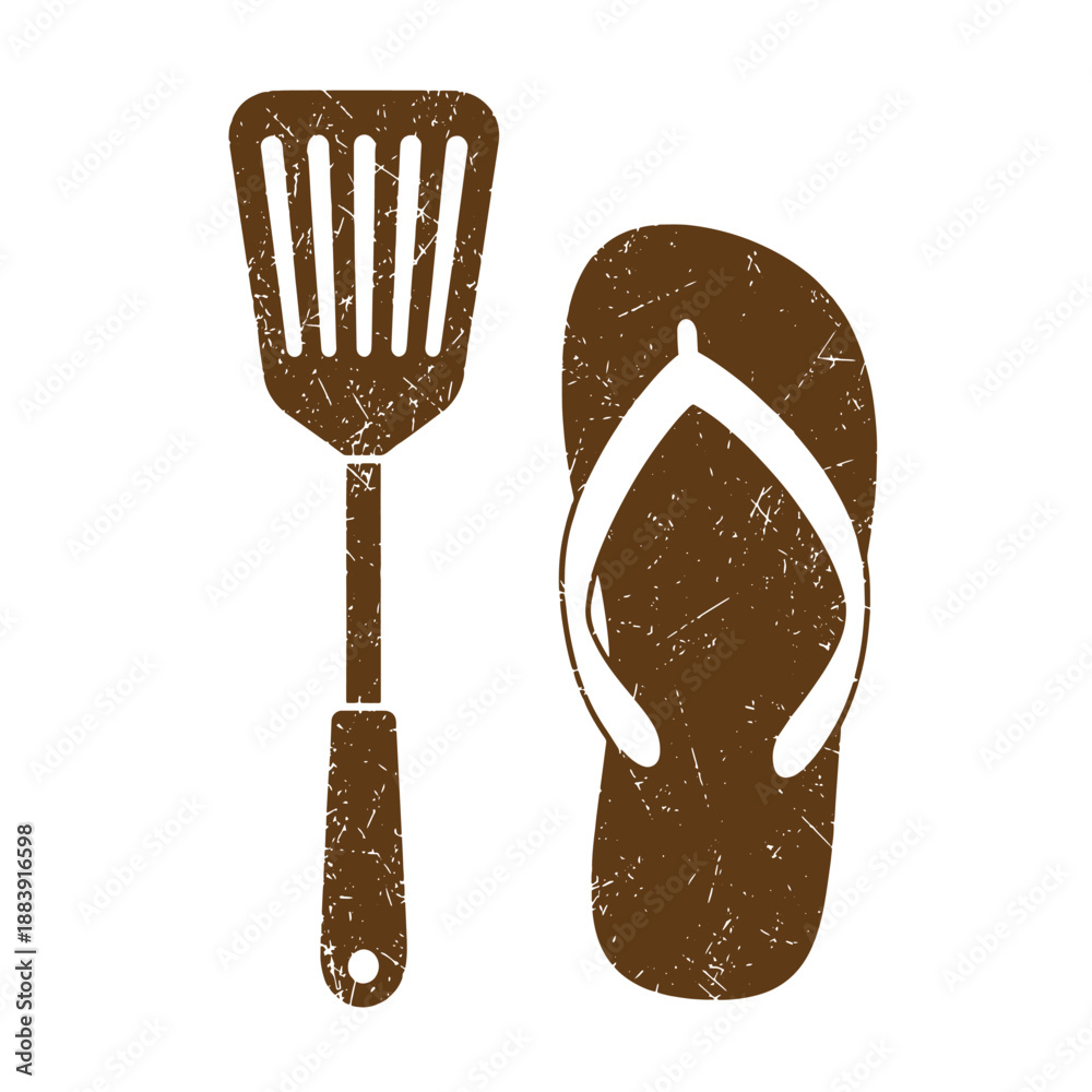 Obraz premium Drawing Vintage grunge texture Brown flip flop and spatula icons on white background