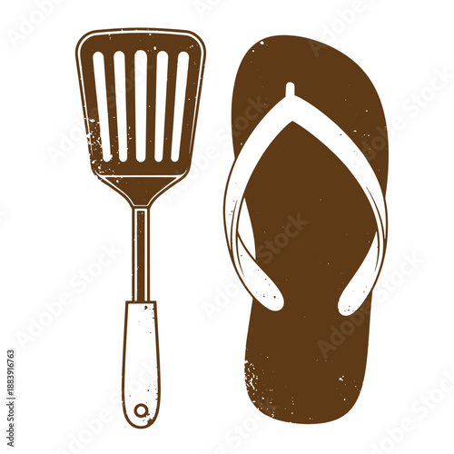 Drawing Vintage grunge  texture brown flip flop and spatula on white background