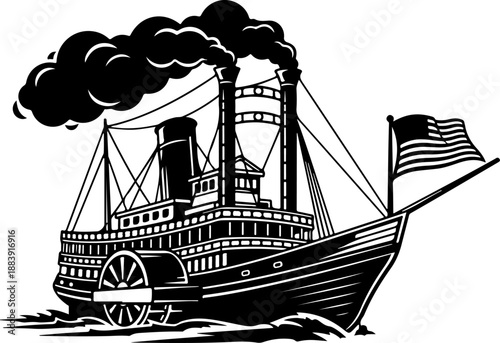 Vintage American Paddle Steamer Boat silhouette vector illustration