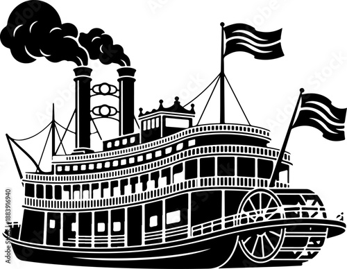 Vintage American Paddle Steamer Boat silhouette vector illustration