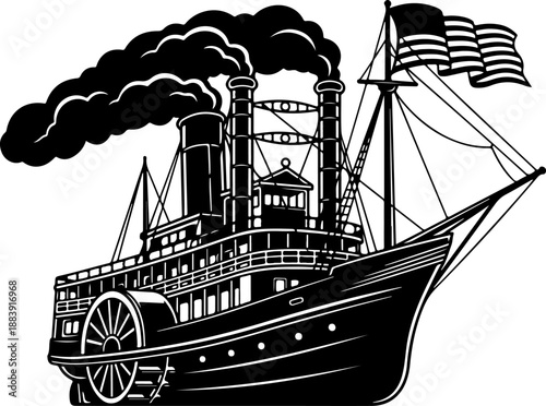 Vintage American Paddle Steamer Boat silhouette vector illustration