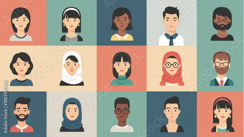 Diverse Group of People Avatars in a Grid.