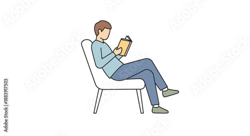 Person Sitting On A Modern Chair Reading An Open Book Isolated On A White Background With Simple Outline Style
