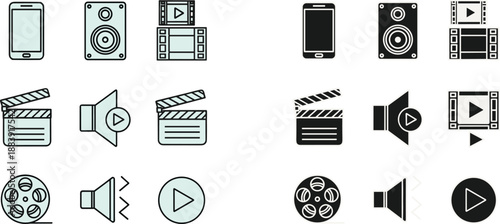 Black and light blue production on white background clapperboard play button speaker smartphone