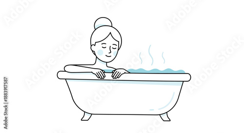 Young Woman Relaxing Enjoying Warm Bubble Bath Steam Rising From Water Daily Routine Personal Care Cleanliness Wellness Concept