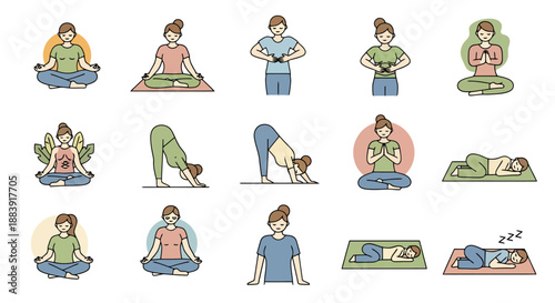 Collection of Diverse People Practicing Various Yoga Poses Demonstrating Mindfulness And Wellbeing For Health And Fitness Concepts