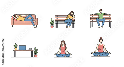 Collection of Simple Line Art Figures Depicting Various Leisure Activities and Relaxation Poses for Diverse Lifestyles