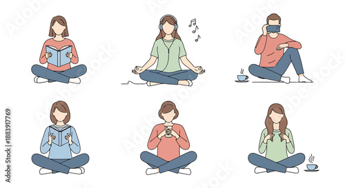 Diverse people enjoying quiet personal moments with books music and technology in relaxed seated poses illustrating lifestyle and self care concepts