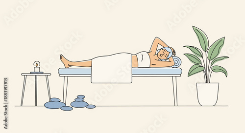 Relaxed Person Enjoying Spa Treatment Lying on Massage Table with Towel Wrapped Around Body with Plants and Spa Essentials Nearby for Wellness and