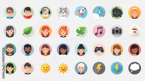 Collection of Diverse Round User Profile Icons and Symbols.