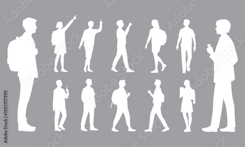 Modern people silhouette collection, walking and pointing figures, minimal flat style, white CAD vector illustration on gray background, isolated design