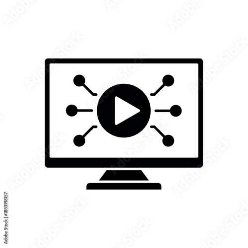 Icon a digital simulation monitor with play button nodes, isolated against a clean background.