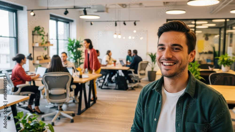 Obraz premium Man smiling in a modern open-plan office with coworkers working