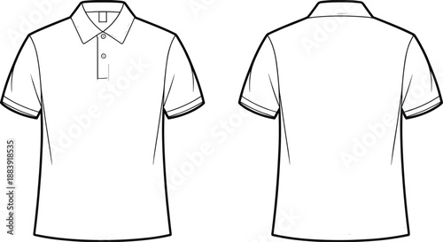 Polo shirt flat sketch front and back view, short sleeve collar t-shirt design, technical fashion cad drawing, vector clothing illustration template for apparel and textile industry