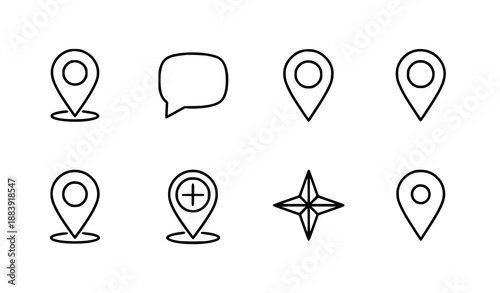 Map pin outline vector icon set with clean line location symbols