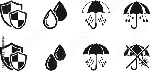 Black and white of shields umbrellas and raindrops