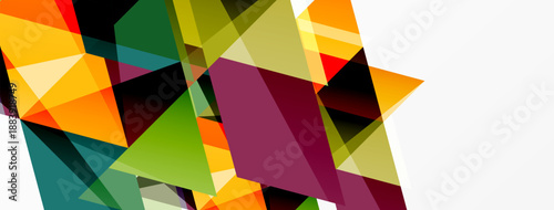 Abstract geometric shapes overlap, creating vibrant color blocks. Composition features sharp angles, dynamic lines, modern design.