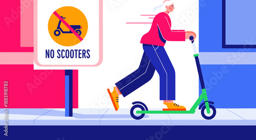 Woman rides electric scooter past no-scooters sign, illustrating urban scooter safety. Person on green kick scooter disregards no-ride signage on city street,