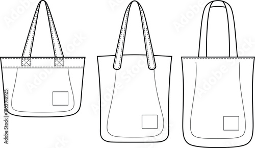 Set of three reusable tote bag front technical fashion flat sketches with handle and pocket sewing construction lines for accessory template, cad drawing flat vector illustration