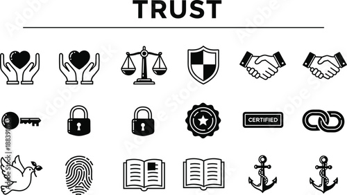 Black and white trust including hands holding hearts, scales, shield, handshake, key, locks