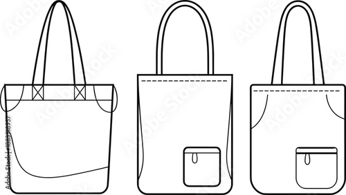 Set of three reusable tote bag front technical fashion flats with pocket and handle construction lines for apparel template, cad drawing flat vector illustration