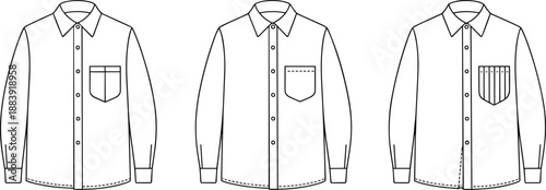 Set of men shirt front technical sewing template button up long sleeve pocket options formal garment mockup apparel tech pack cad drawing flat vector illustration