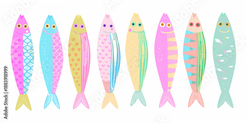A row of colorful cartoonish fish with smiling faces in a playful design