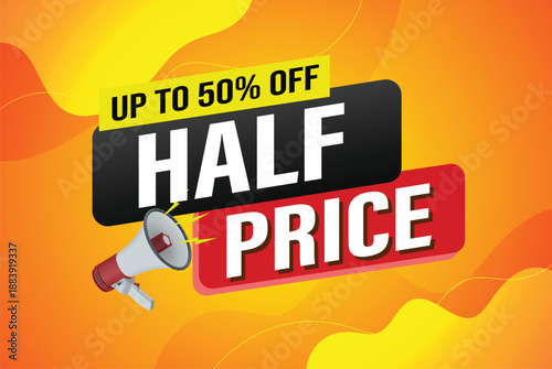 half price sale word mega phone concept vector illustration and 3d style, landing page, template, ui, web, mobile app, poster, banner, flyer, background, gift card, coupon, label, wallpaper

