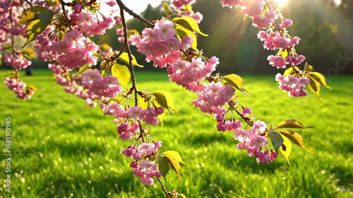 Blossom in Sunlight: Cherry blossoms dance in the breeze, their delicate pink petals kissed by the radiant sun, casting a vibrant hue across a verdant meadow. A perfect springtime image.